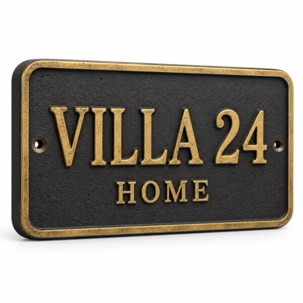 Cast metal house sign with raised villa name and border, Dubai