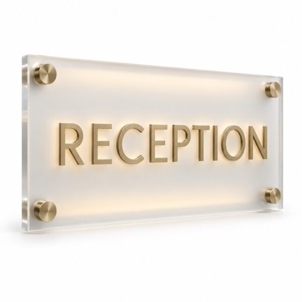 Frosted acrylic office reception sign with brushed gold logo, Dubai