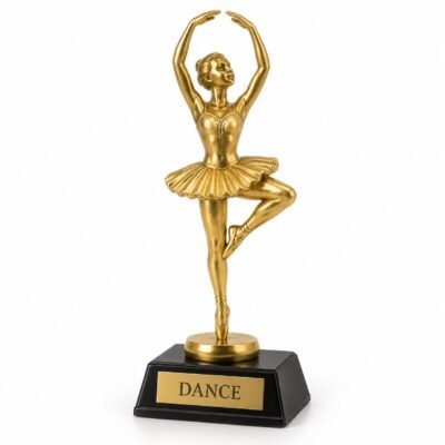 Dancer Kids Trophy — gold-finish ballet dancer figurine trophy on a black base with DANCE sample plate, studio illustration