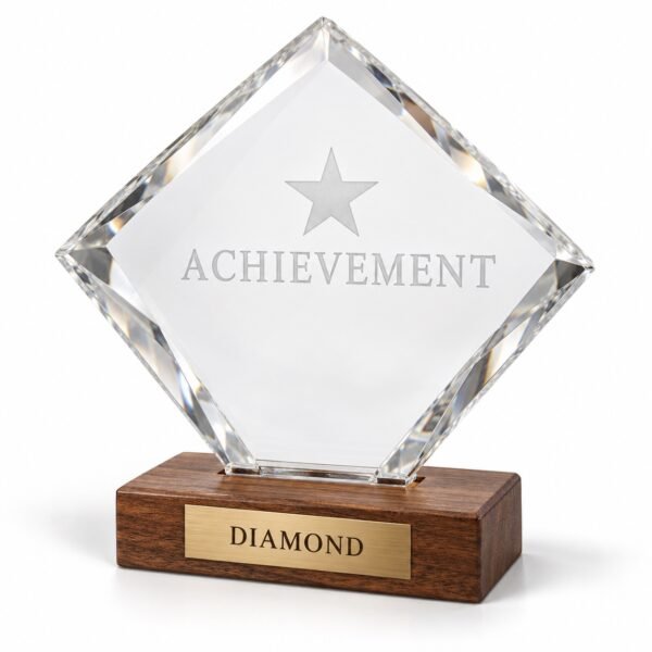 Diamond Crystal Trophy on Wooden Base, custom crystal award made in Dubai