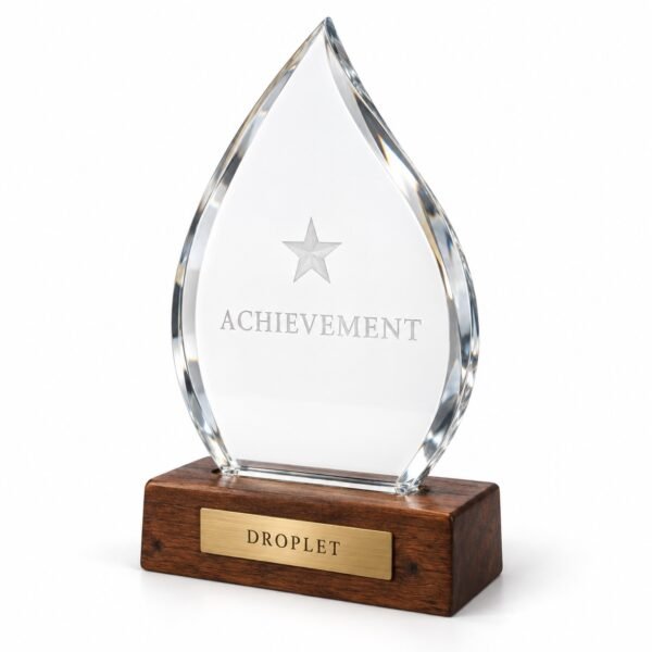 Droplet Crystal Trophy on Wooden Base, custom crystal award made in Dubai
