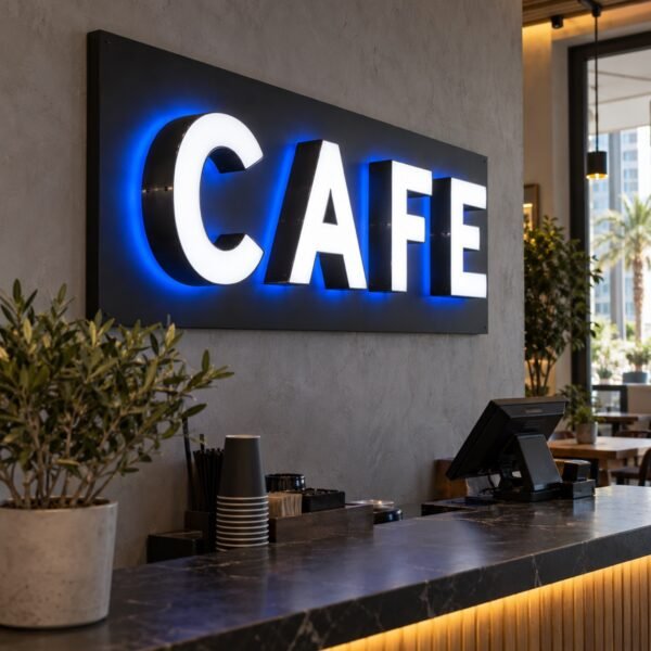 Back and Front Lit Sign CAFE lettering with illuminated white faces and blue rear halo