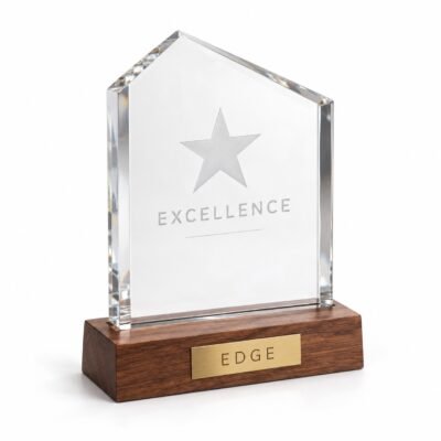 Angular clear crystal award on wooden base, studio illustration