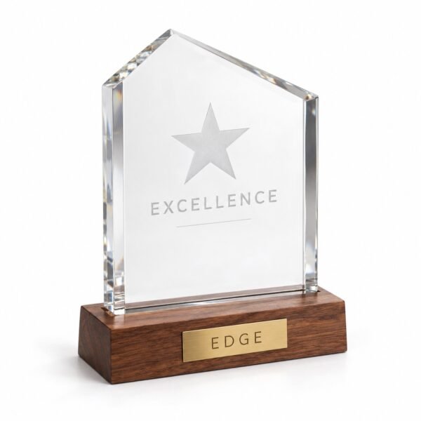 Edge Crystal Trophy on Wooden Base, custom crystal award made in Dubai