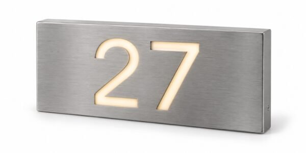 Engraved metal house number sign with warm white LED numbers, Dubai