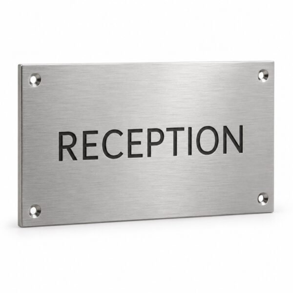 Brushed silver engraved metal plaque with reception text, Dubai