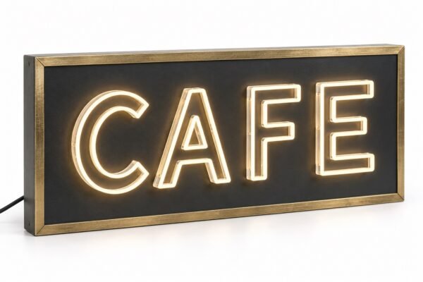 Warm white acrylic faux neon cafe sign with brushed gold frame, Dubai