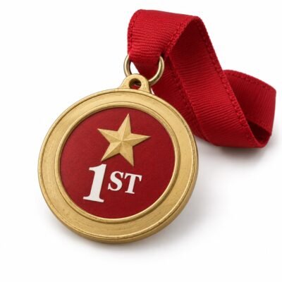 AI-generated studio illustration of gold first place medal with red ribbon