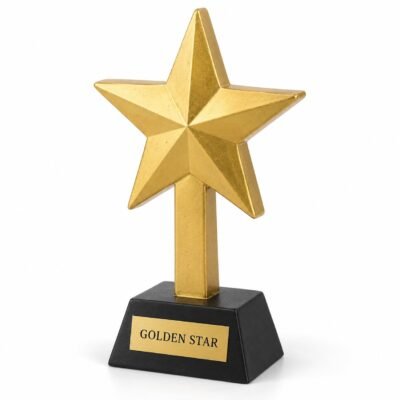 Gold star trophy physically joined to straight stem and black base, studio illustration