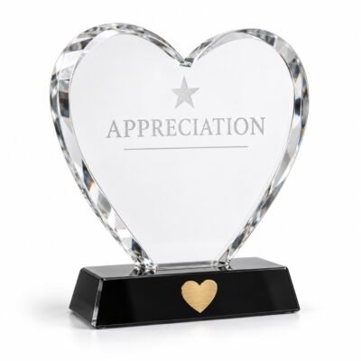 AI-generated studio illustration of clear heart crystal trophy