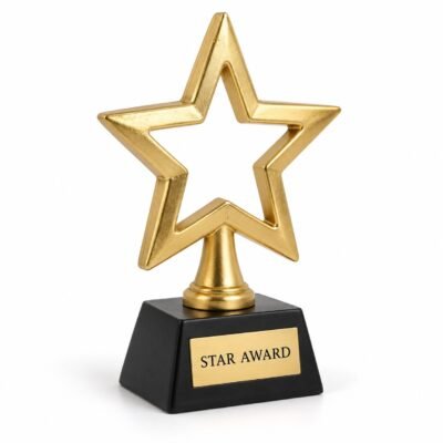 Gold-finish hollow star kids trophy on black base, studio illustration