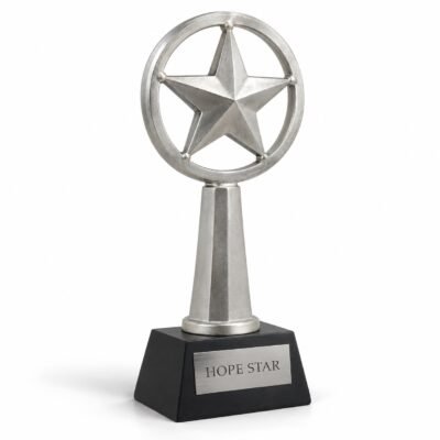 Hope star trophy: Silver ring and star trophy on tall stand and black base, studio illustration