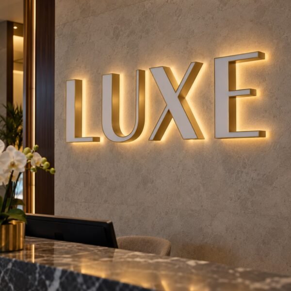 Luxury Back Lit Sign LUXE lettering with unlit acrylic faces and warm rear halo