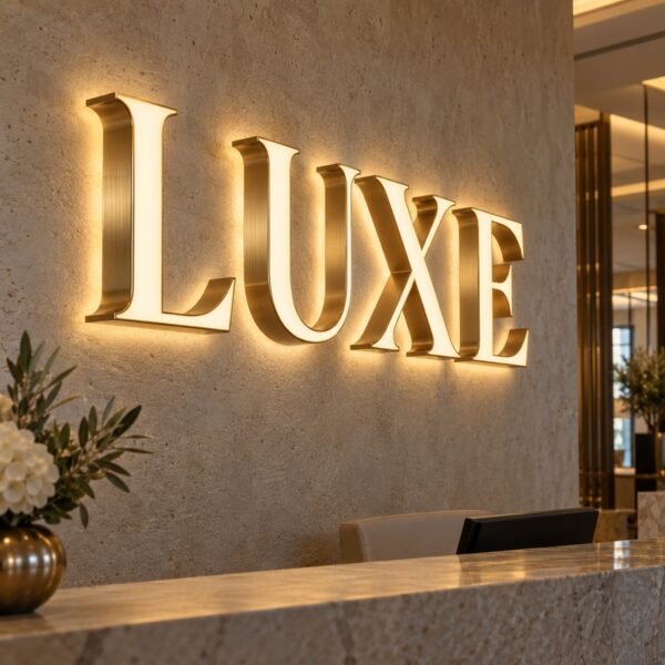 Luxury Back and Front Lit Sign LUXE lettering with illuminated faces and rear halo