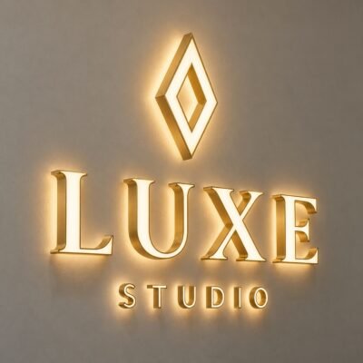 Luxury Back and Front Lit Sign Stacked Logo + Text + Small Text