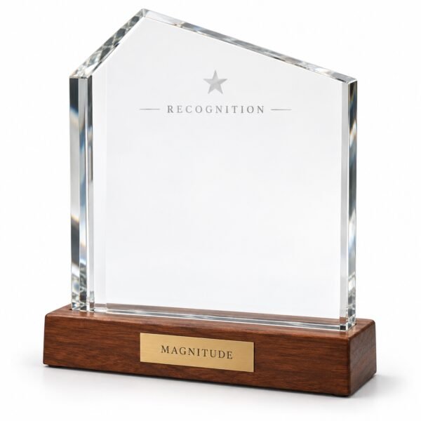 Magnitude Crystal Trophy on Wooden Base, custom crystal award made in Dubai