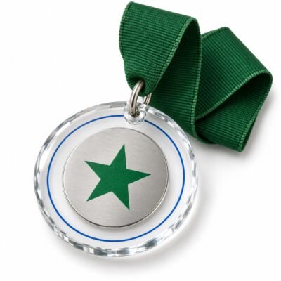 AI-generated studio illustration of crystal medal with satin metal centre and green ribbon