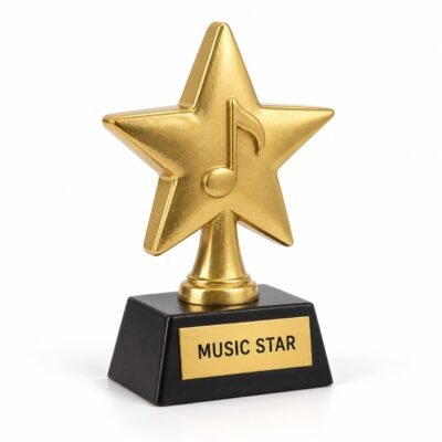 Gold-finish Music Star kids trophy with musical note relief on black base, studio illustration