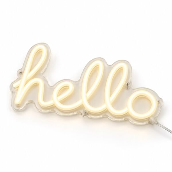 Custom LED neon sign: Warm white hello LED neon lettering on illustrative clear shaped backboard on white