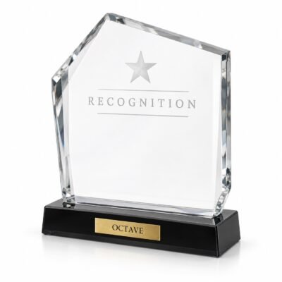 AI-generated studio illustration of Octave angled clear crystal trophy