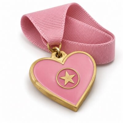Pink heart medal with gold rim and pink ribbon, studio illustration