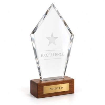 Pointed clear crystal award on wooden base, studio illustration