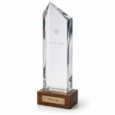 Tall clear crystal prism trophy on wooden base, studio illustration