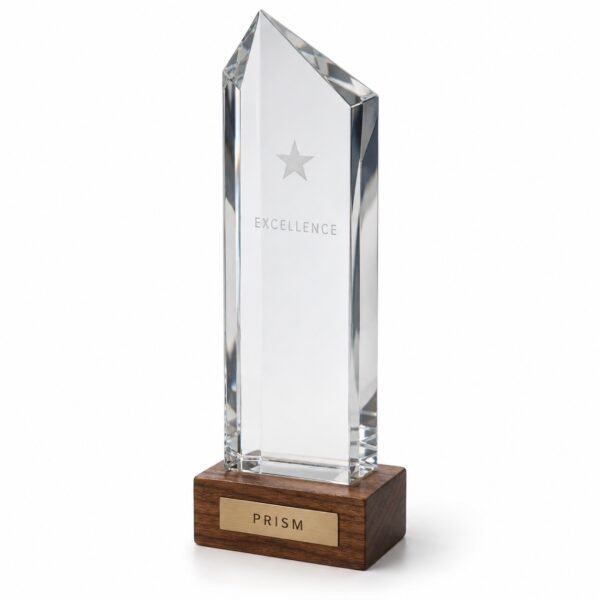 Prism Crystal Trophy on Wooden Base, custom crystal award made in Dubai