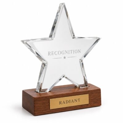 Radiant crystal trophy on wooden base: Faceted clear crystal star trophy on wooden base, studio illustration