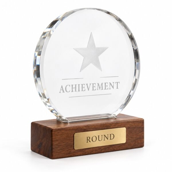Round Crystal Trophy on Wooden Base, custom crystal award made in Dubai