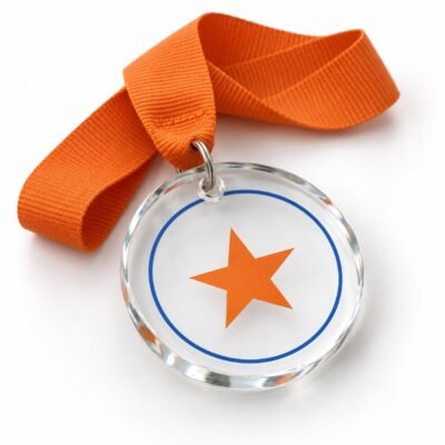 Round glass medals: AI-generated studio illustration of round clear glass medal with orange ribbon