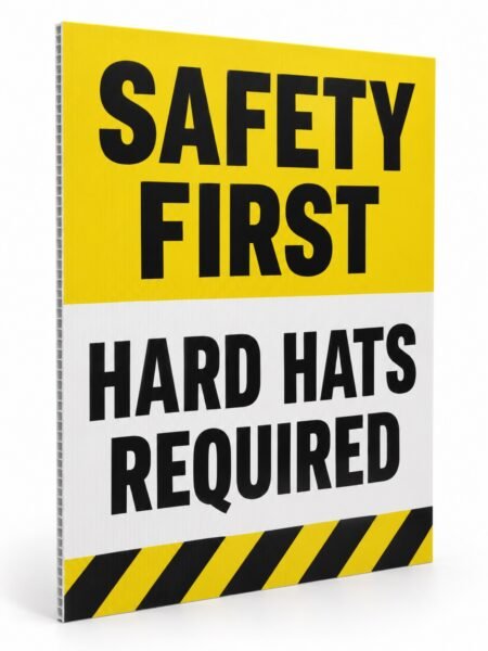 Safety yard sign with yellow and black caution print on corrugated plastic, Dubai