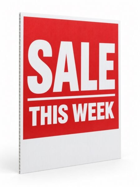 Red sale yard sign on corrugated plastic, Dubai