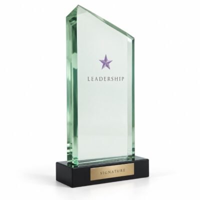 Signature coloured crystal: Green transparent crystal award on black base, studio illustration