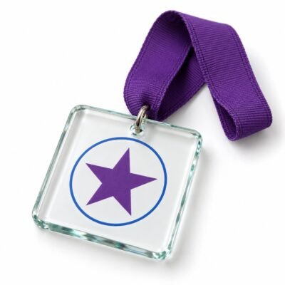 Glass medals: AI-generated studio illustration of square clear glass medal with purple ribbon