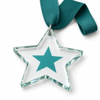 AI-generated studio illustration of clear star glass medal with teal ribbon
