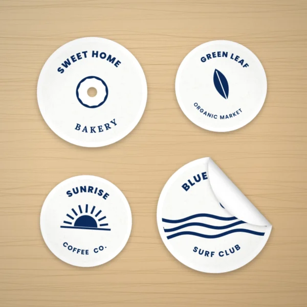 Coated art paper stickers on a wooden desk