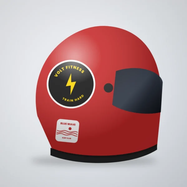 Custom decals on a red motorcycle helmet