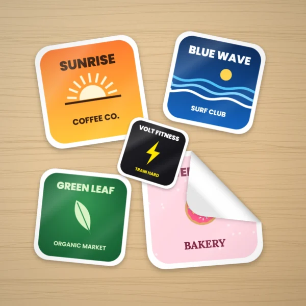 Custom rounded corner stickers with logos on a wooden desk