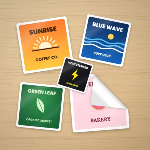 Custom square stickers with logos on a wooden desk