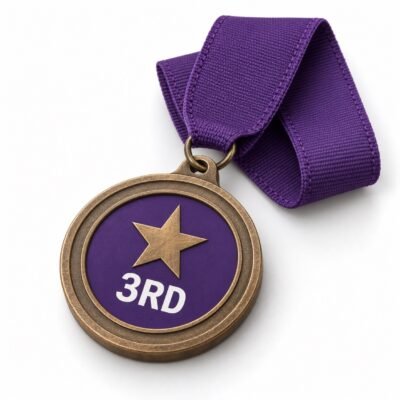 3rd place medals: AI-generated studio illustration of bronze third place medal with purple ribbon