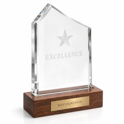 Vertical crystal trophy on wooden base: Clear vertical crystal award on wooden base, studio illustration