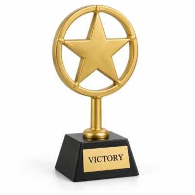 Gold-finish Victory Star trophy with joined ring and star on black base, studio illustration