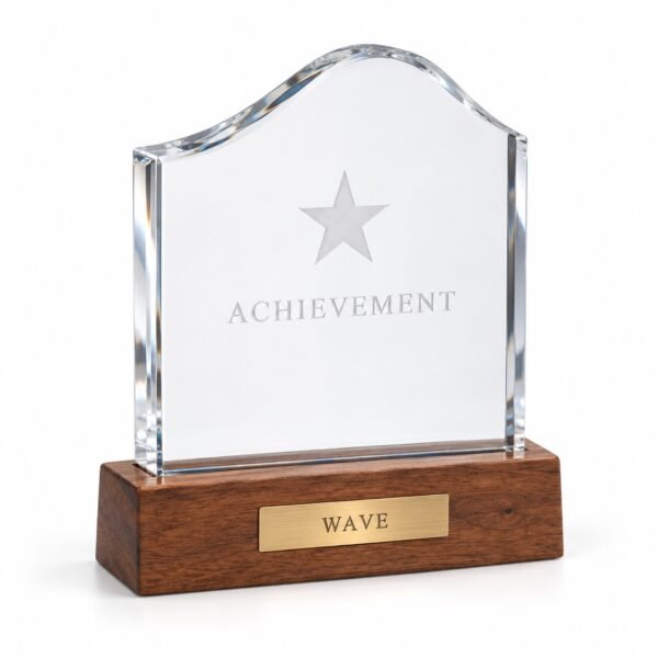 Wave Crystal Trophy on Wooden Base, custom crystal award made in Dubai