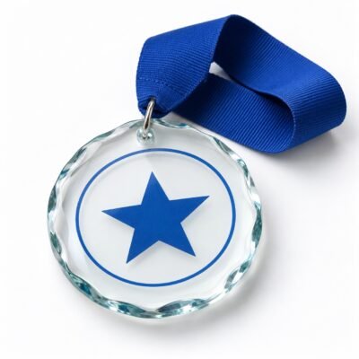 AI-generated studio illustration of clear wave glass medal with blue star and ribbon